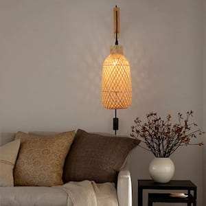 Farmhouse 5.9 in. Plug in 1 Light Wood Base Wall Sconces with Bamboo Cage Shade, Adjustable Height Wall Lamp, E26 Base