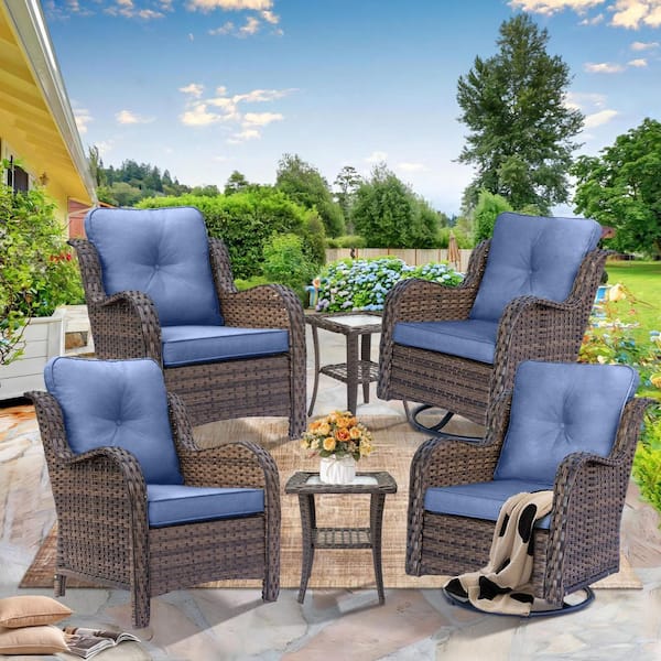 Brown 6-Piece Wicker Patio Conversation Set Outdoor Armchairs and Swivel Chairs Side Table with Denim Blue Cushions