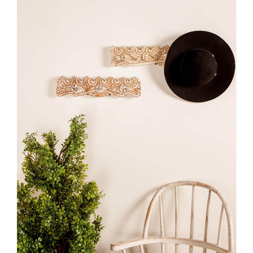 Distressed Brown Mango Wood and Iron Carved Wall Hook Rack