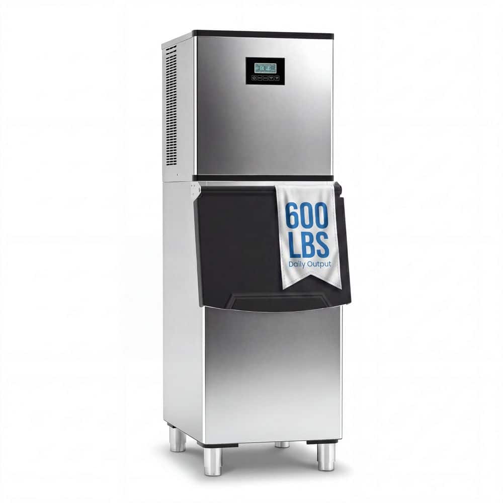 21.25 in Commercial Ice Maker, Freestanding Stainless Steel Ice Maker Full Size Cubes w/300 lbs. Storage, 600 lbs./24 H