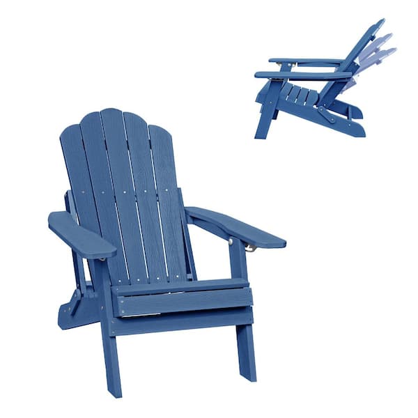 Mondawe Navy Blue HIPS Plastic Folding Patio Adirondack Chair Adjustable Reclining Chair with Cup Holder
