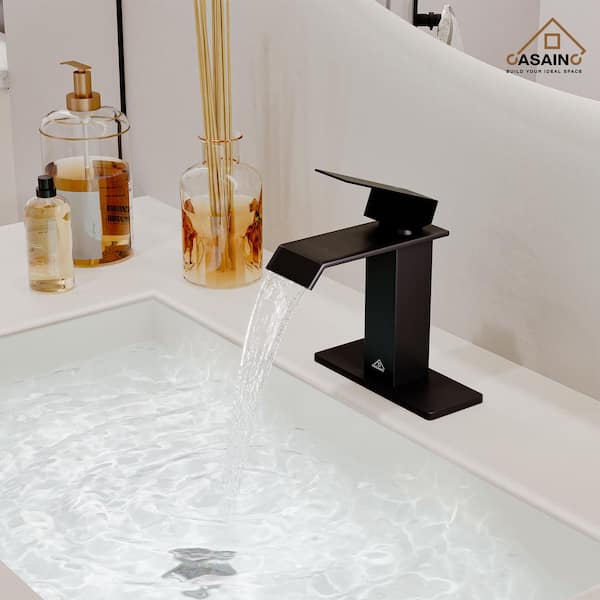 Single Handle Single Hole Bathroom Vanity Sink Waterfall Spout Bathroom Faucet in Matte Black