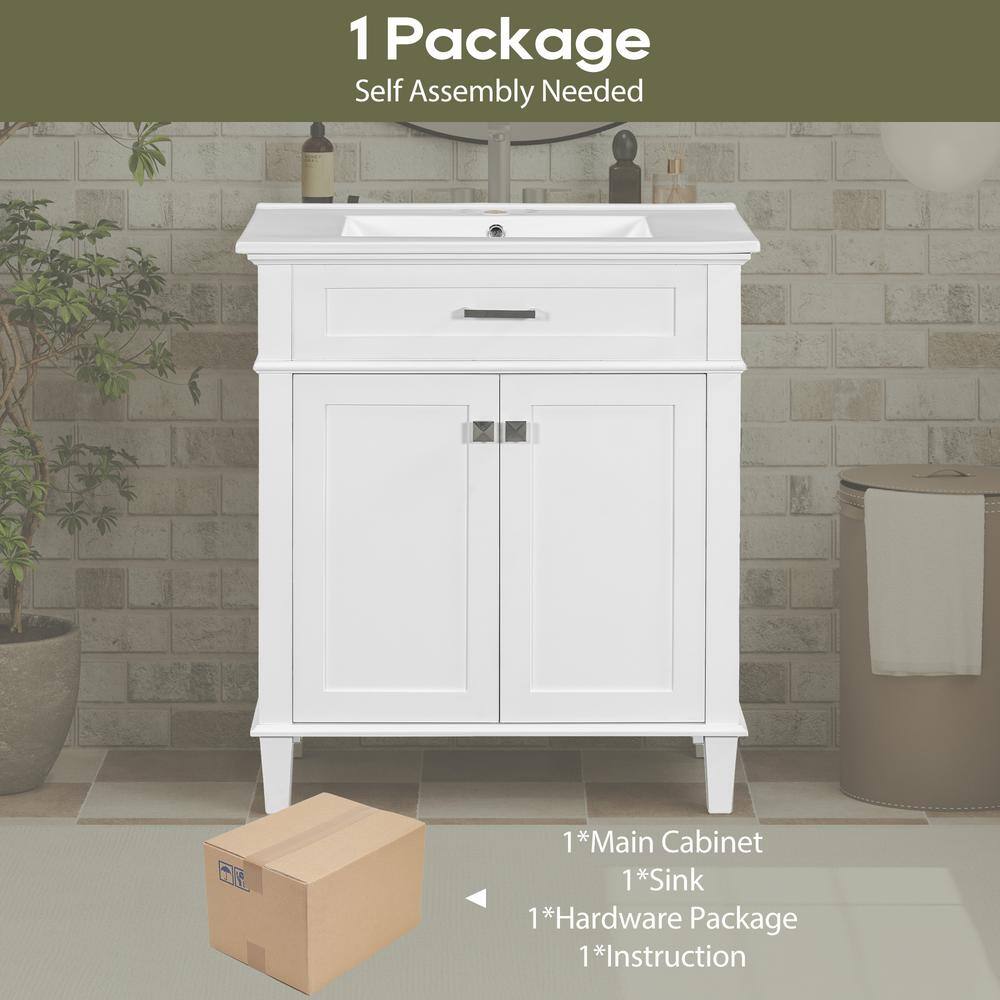30-Inch White MDF Freestanding Bathroom Vanity with Ceramic Basin