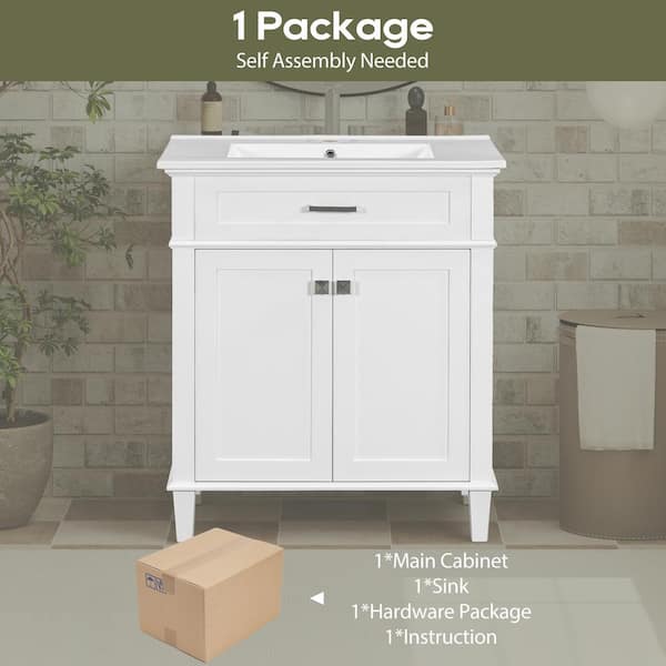 30 in. W Freestanding Bath Vanity in White with White Ceramic Top and adjustable shelves