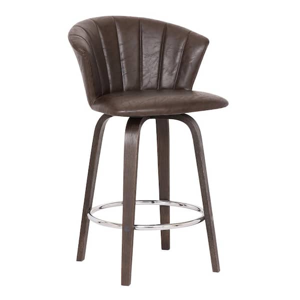 Armen Living Connie Mid-Century 26" Counter Height Bar Stool in Walnut Glazed Finish and Vintage Brown Faux Leather