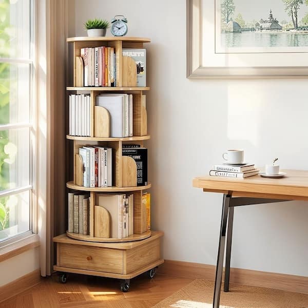 Ronald 360° Rotating 55.91 in. Tall Natural MDF 5-Shelf Corner Bookcase with Wheels and Drawer