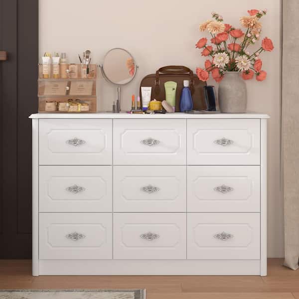 FUFU&GAGA White 9-Drawer 47.3 in. Width Wooden Dresser without Mirror, Chest of Drawers with Metal Rose Handles Design