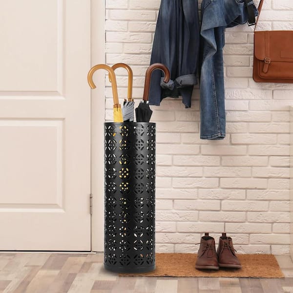 Geometric Hollow Black Metal Umbrella Stand with Quick Drying Space Saving Organizer for Entryway Home Office