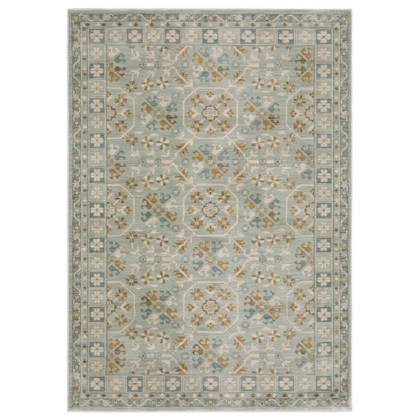 Maco Blue/Gray 10 ft. x 13 ft. Geometric Floral Polypropylene Fringe-Edge Indoor Area Rug