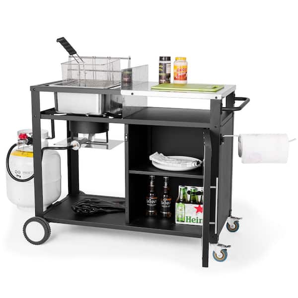 outermust OuterMust Outdoor Grill Cart with Fryer and Cabinet, Movable Fish Fryer with Stainless Steel Top