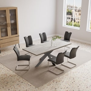 7-Piece Extendable Rectangle Dining Table Set Wooden Kitchen Table with 6 Black Chairs