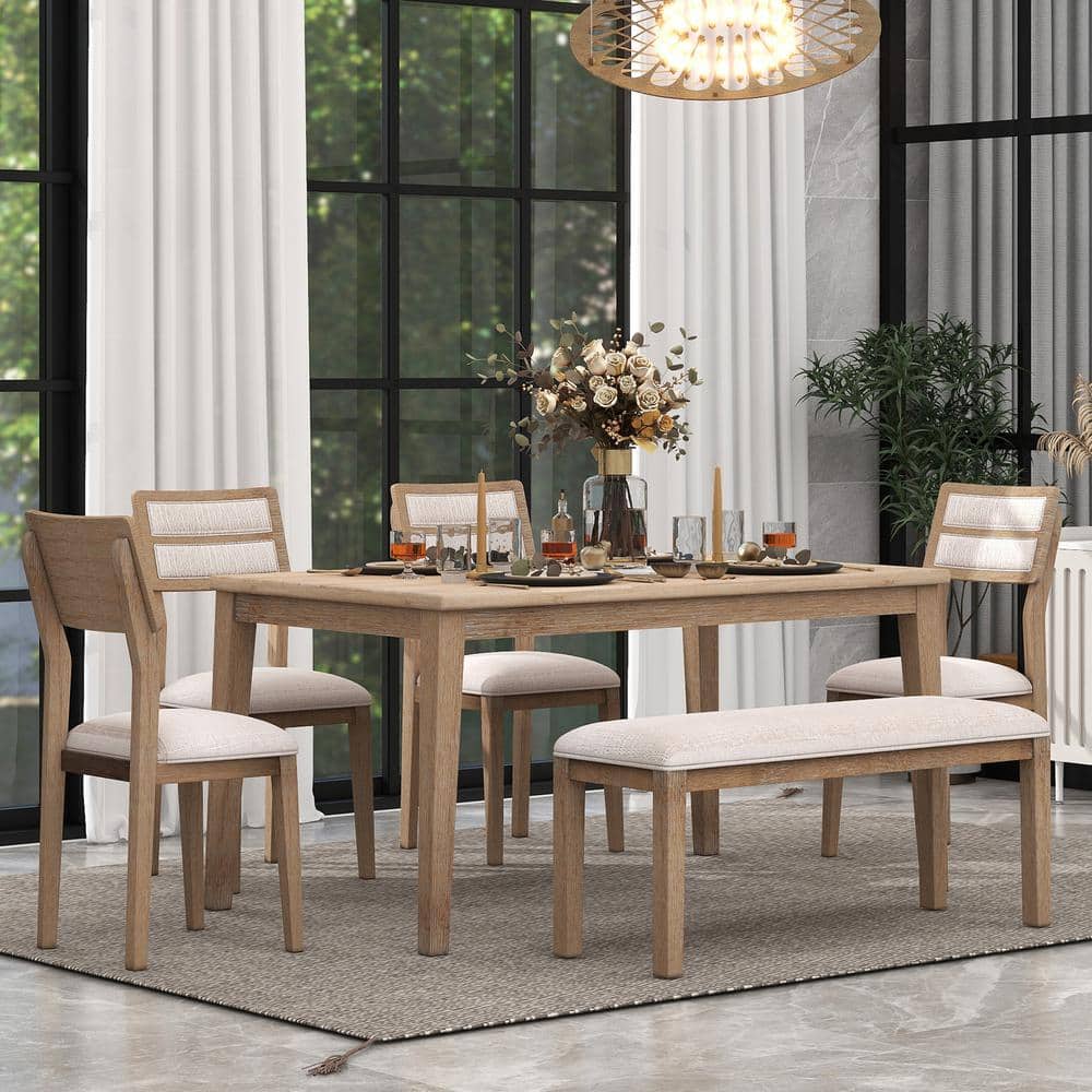 Nestfair 6-Piece Natural Wood Wash Dining Set with 4-Upholstered Chairs ...