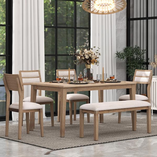 Nestfair 6-Piece Natural Wood Wash Dining Set with 4-Upholstered Chairs and 1-Bench