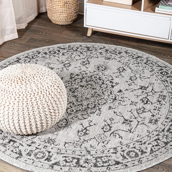 Rozetta Boho Medallion Textured Weave Gray/Black 5 ft. Round Indoor/Outdoor Area Rug
