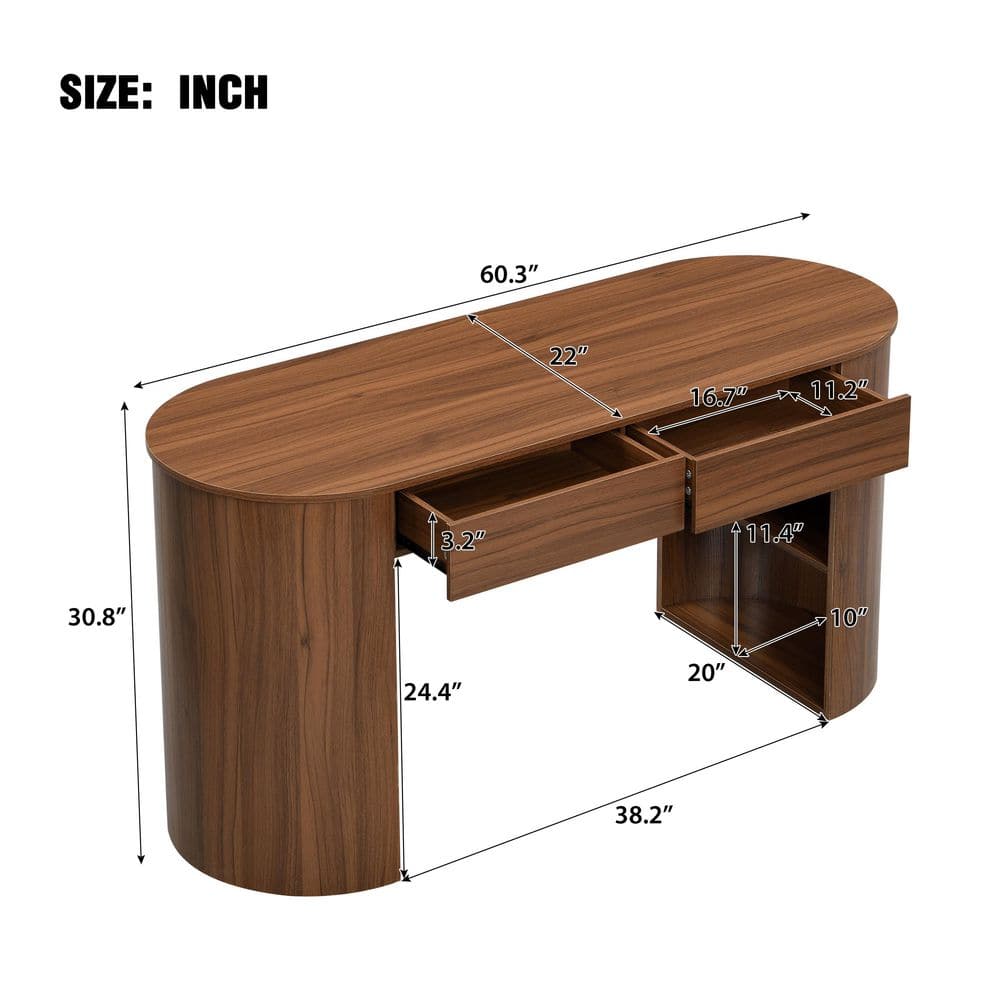 Arvellon Modern 60.3 in. Oval Dark Walnut Wood Computer Desk Study Writing Desk with Drawers, Shelves - Thumbnail 5