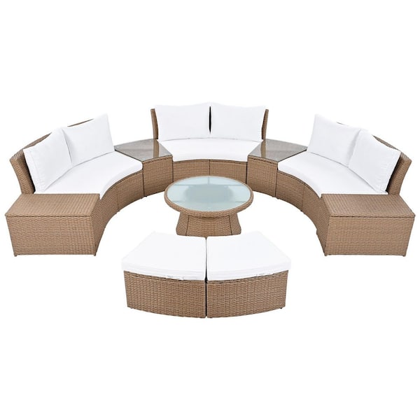 Sudzendf Natural 10-Piece PE Wicker Outdoor Sectional Half Round Patio Conversation Set with White Cushions