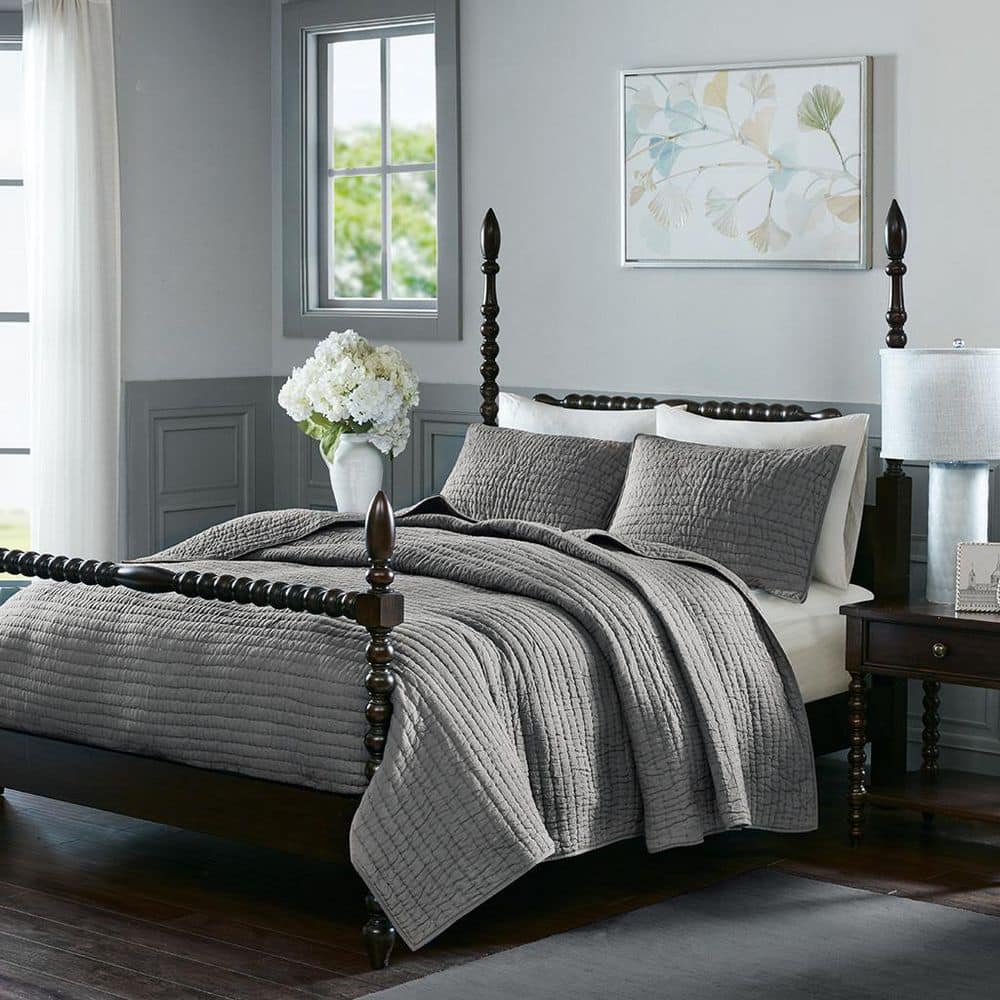 Gray Full Cotton Hand Quilted 3-Piece Quilt Set