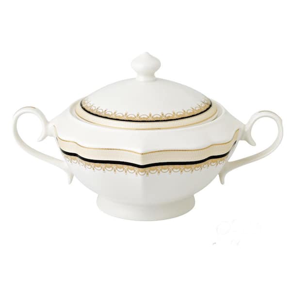 Dalilah Series 12 in. x 8.5 in. x 7 in. 4 Qt. 128 fl. oz. Gold Bone China Soup Tureen Serving Bowl with Lid (Set of 2)