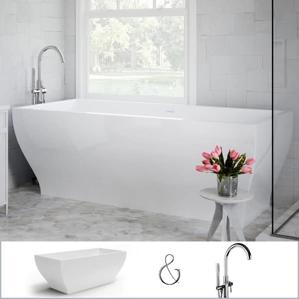 PELHAM & WHITE Manchester 63 in. Acrylic Angled Rectangle Freestanding Bathtub in White, Floor-Mount Single-Post Faucet in Chrome