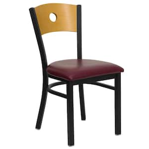 Hercules Series Black Circle Back Metal Restaurant Chair with Natural Wood Back, Burgundy Vinyl Seat