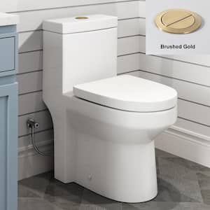 1-Piece 1.1/1.6 GPF Compact Dual Flush Round Toilet in White, Seat Included, with Brushed Gold Button