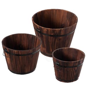 Rustic Wooden Whiskey Barrel Planter with Durable Medal Handles and Drainage Hole - Set of 3