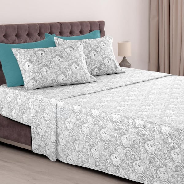 6-Piece Queen White Gray Paisley Pattern  Microfiber Sheet Set with Deep Pocket Fitted Sheet and Pillowcases