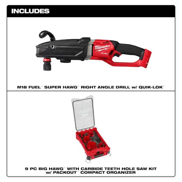 M18 FUEL 18-Volt Lithium-Ion Brushless Cordless GEN 2 SUPER HAWG 7/16 in. Right Angle Drill w/9pc PACKOUT Hole Saw Kit