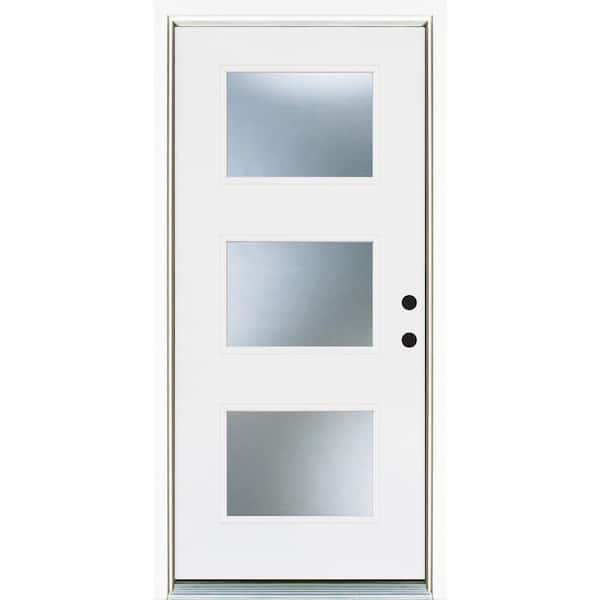 MP Doors 36 in. x 80 in. Smooth White Left-Hand Inswing 3-Lite Frosted Finished Fiberglass Prehung Front Door