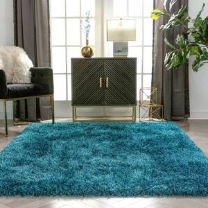 Kuki Chie Glam Solid Textured Ultra-Soft Teal 7 ft. 10 in. x 9 ft. 10 in. 2-Tone Shag Area Rug