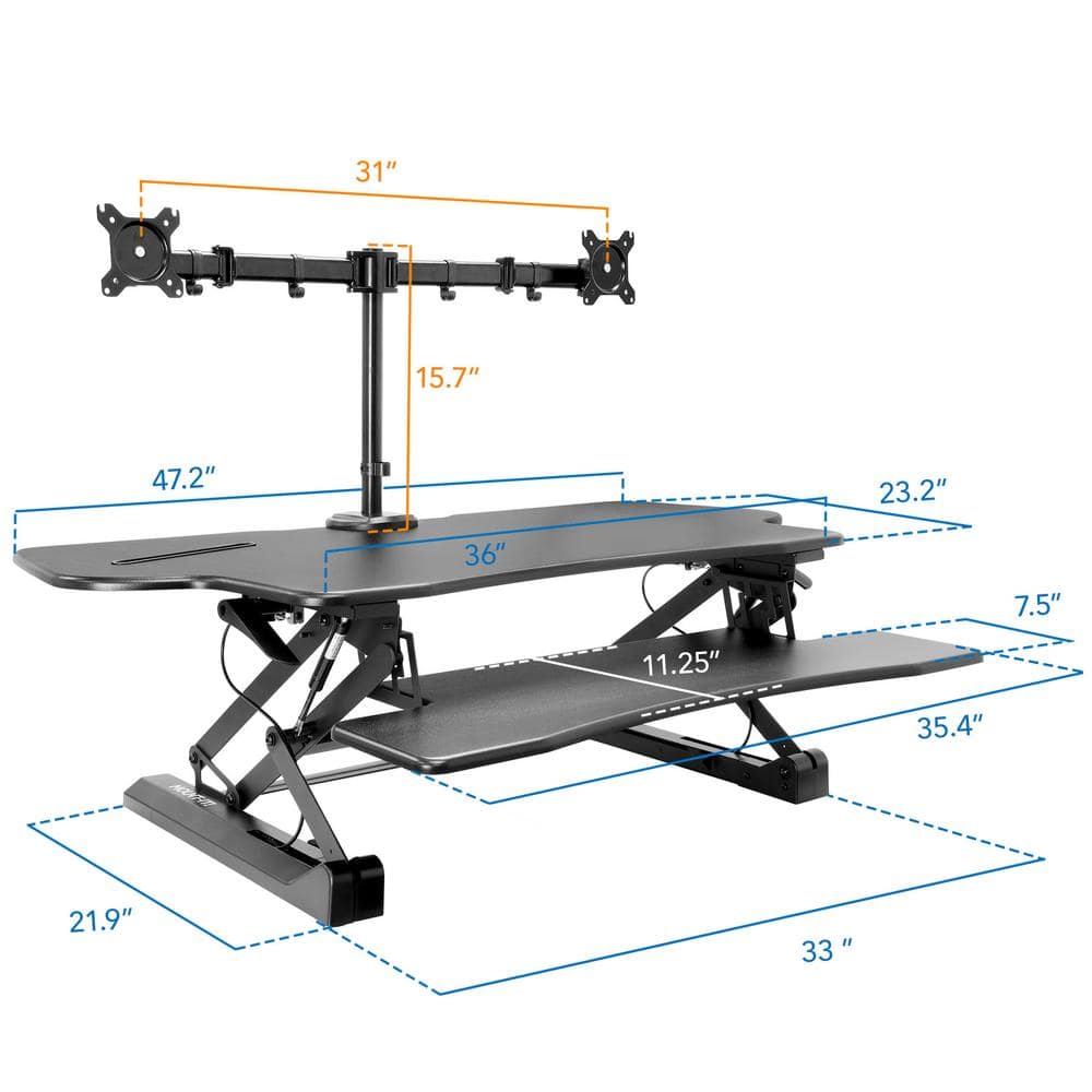 Black Adjustable Dual Monitor Standing Desk Converter with Gas Spring
