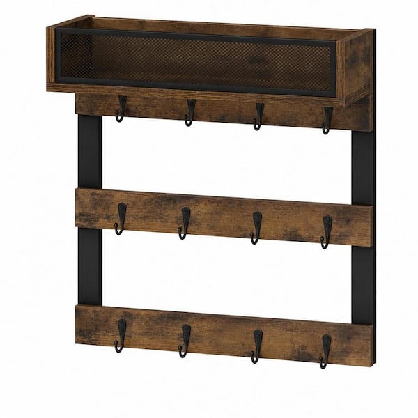 12-Hook Brown Wall Mounted Coffee Mug Tree with Top Shelf, Coffee Cup Holder for Home Kitchen Cup Storage and Organizer