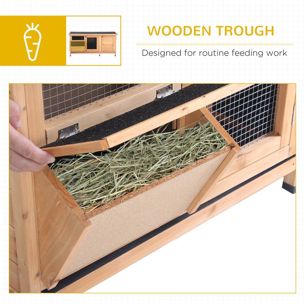Natural Beige Wooden Rabbit Hutch with Waterproof Roof and Feeding Trough
