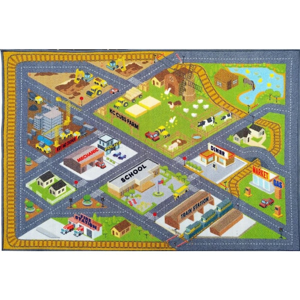 KC CUBS Multi-Color Kids Children Bedroom Country Farm Road Map Construction Educational Learning 3 ft. x 5 ft. Area Rug