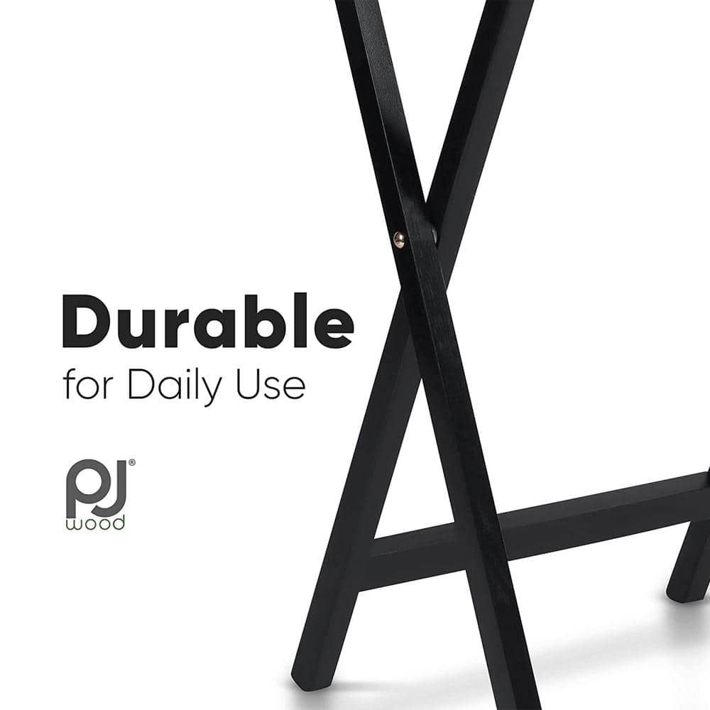 Black Solid Wood Folding TV Tray Tables Set with Storage Rack