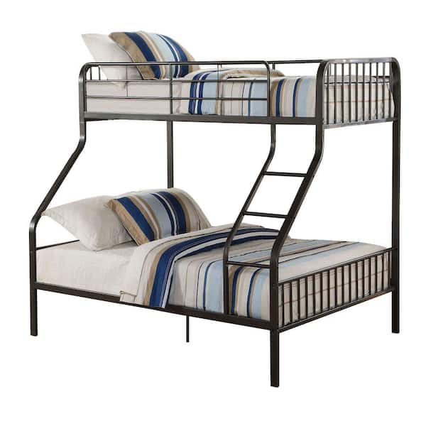 Benjara Gray Metal Twin over Queen Size Bunk Bed with Guardrail and Ladder