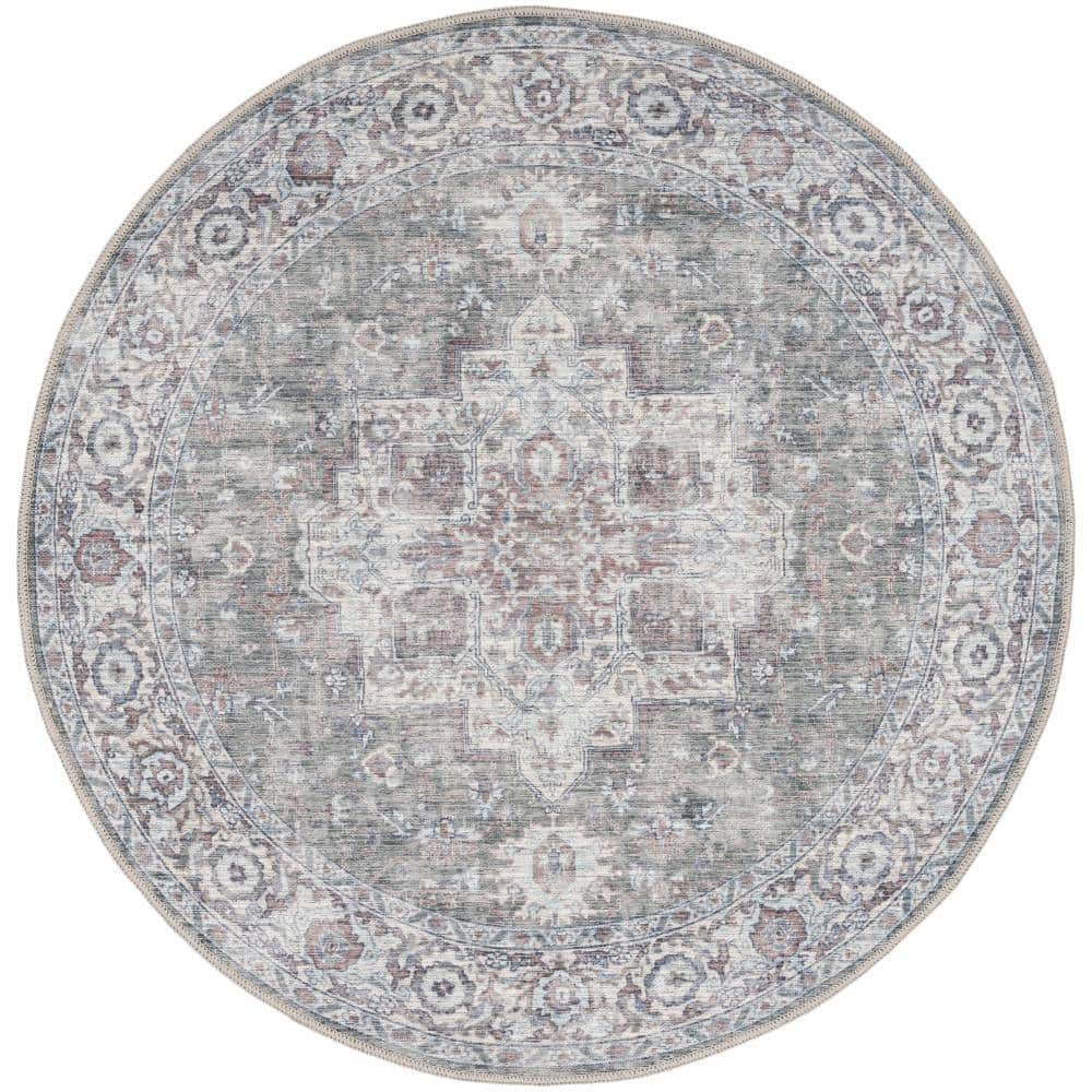 Machine Washable Series 1 Ivory Grey 4 ft. x 4 ft. Distressed Traditional R