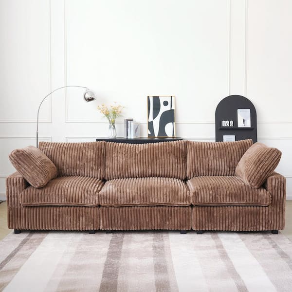 Magic Home Down Filled Oversized 118 in. Square Arm Faux Rabbit Fur Velvet Modular Sofa Lawson Cloud Couch for Apartment in. Brown