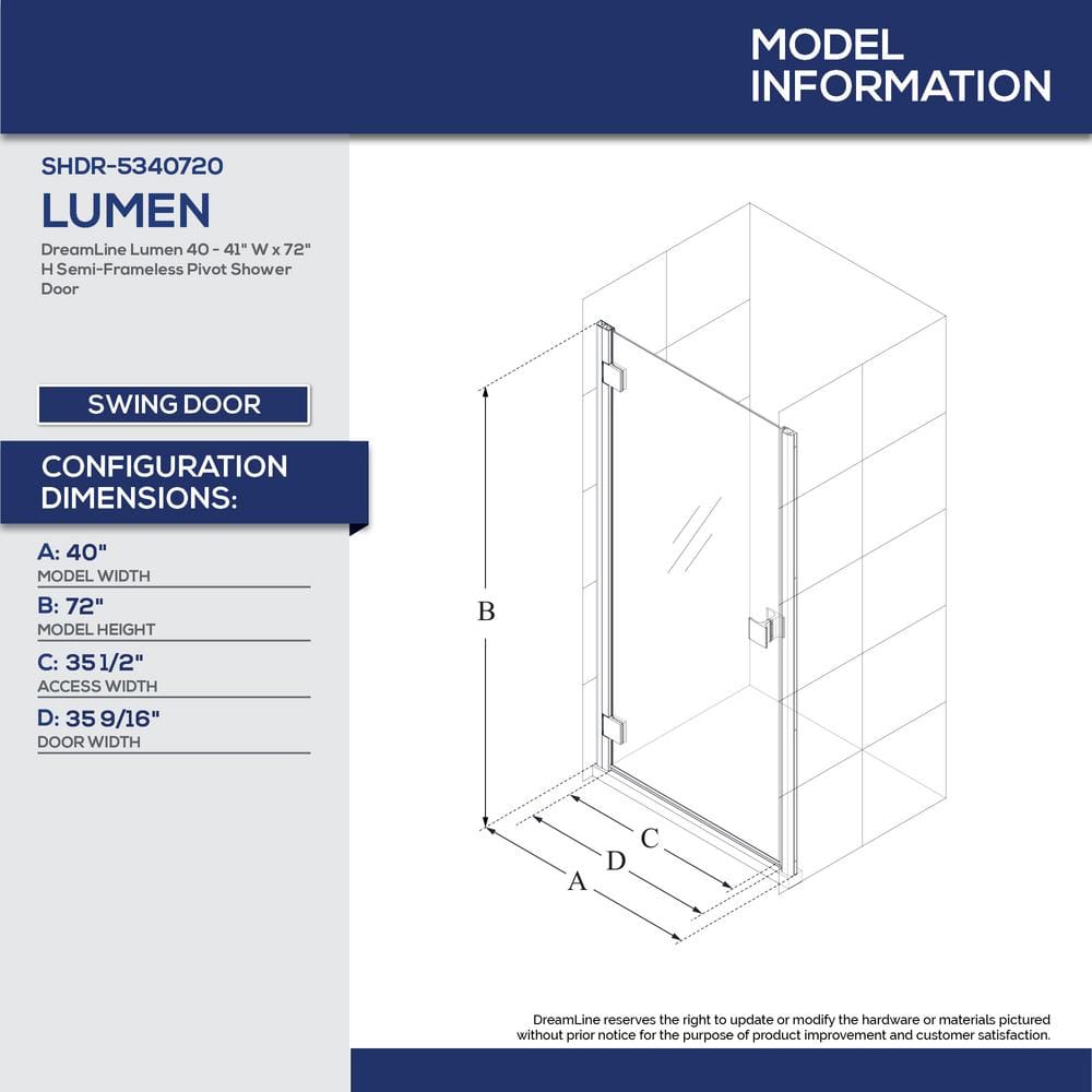 Lumen 40-41" Frameless Clear Glass Pivot Shower Door with Black Hardware