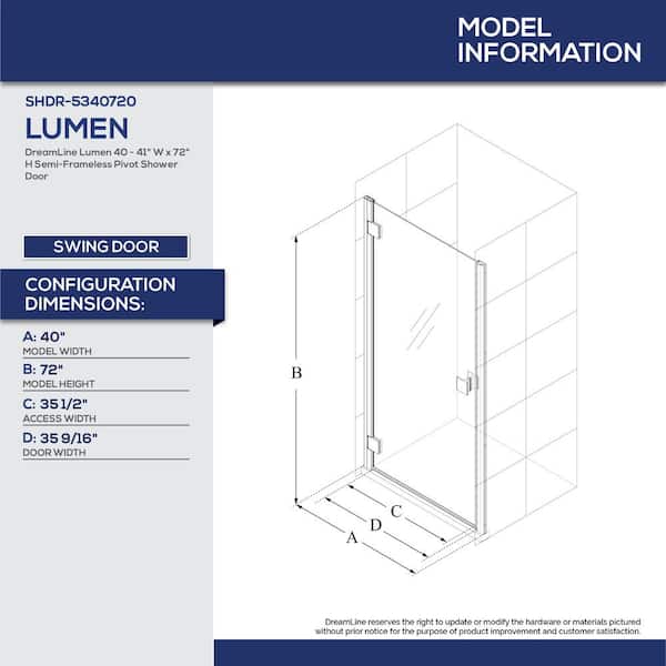 Lumen 40-41 in. W x 72 in. H Semi-Frameless Hinged Shower Door in Brushed Nickel