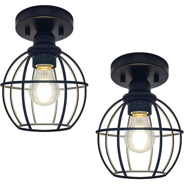 Lecoht 6.5 in. Oil Rubbed Bronze Semi Flush Mount with Metal Cage Ceiling Light Fixture 2 x A19 LED Bulb Included (2-Pack)