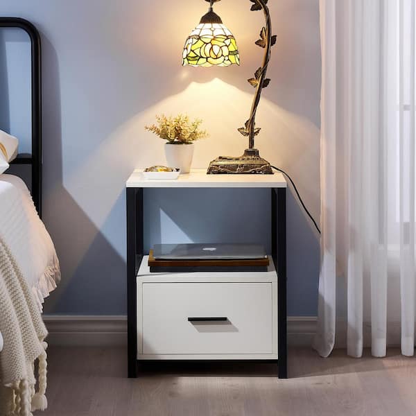 1-Drawer Black and White Square Modern End/Side Table, Night Stand with Open Shelf 22 in. H x 15.7 in. W x 15.7 in. L