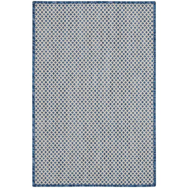 Nourison Courtyard Ivory Blue doormat 2 ft. x 3 ft. Geometric Contemporary Indoor/Outdoor Patio Kitchen Area Rug