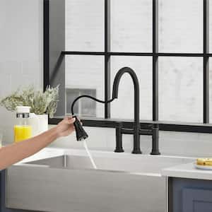 Double Handle Bridge Kitchen Faucet with Swivel Spout in Matte Black