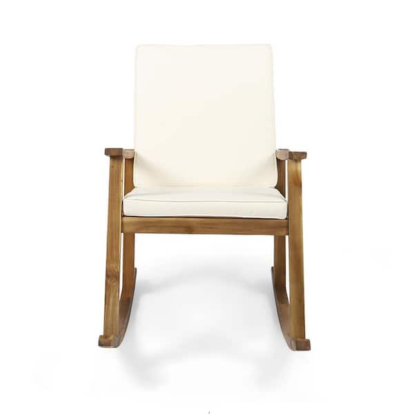 Candel Teak Brown Wood Outdoor Patio Rocking Chair with Cream Cushion
