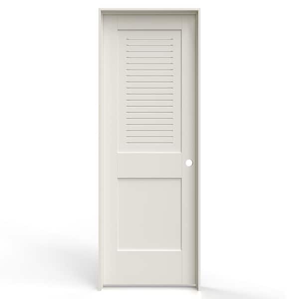 JELD-WEN 28 in. x 80 in. 2 Panel Left-Handed Primed MDF Wood Single Prehung Interior Door Upper Modern Ventilated Panel Louver