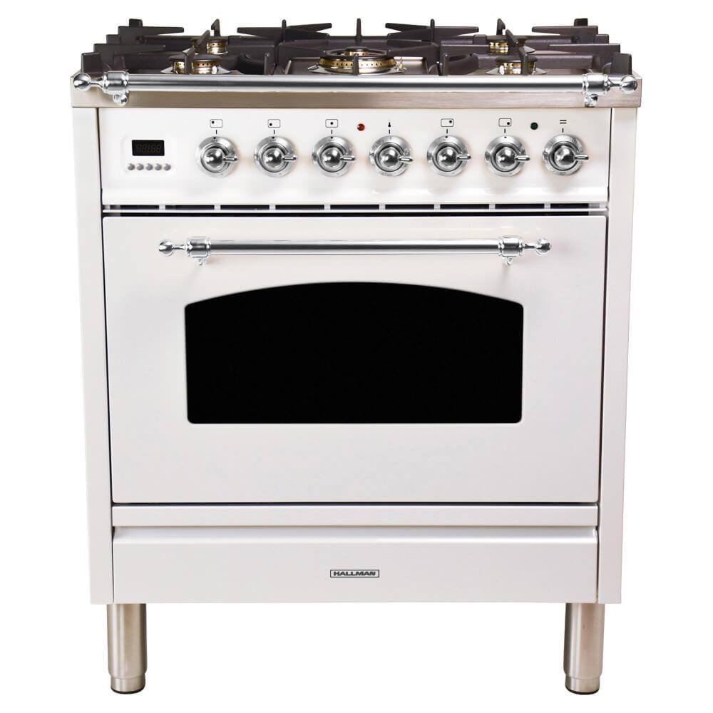 Hallman 30 in. 3.0 cu. ft. Single Oven Dual Fuel Range with True Convection, 5 Burners, Chrome Trim in White