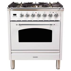 30 in. 3.0 cu. ft. Single Oven Dual Fuel Range with True Convection, 5 Burners, Chrome Trim in White