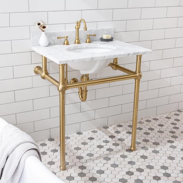 Embassy 30 in. Brass Wash Stand with Satin Brass P-Trap Kit, Marble Counter Top, and White Basin