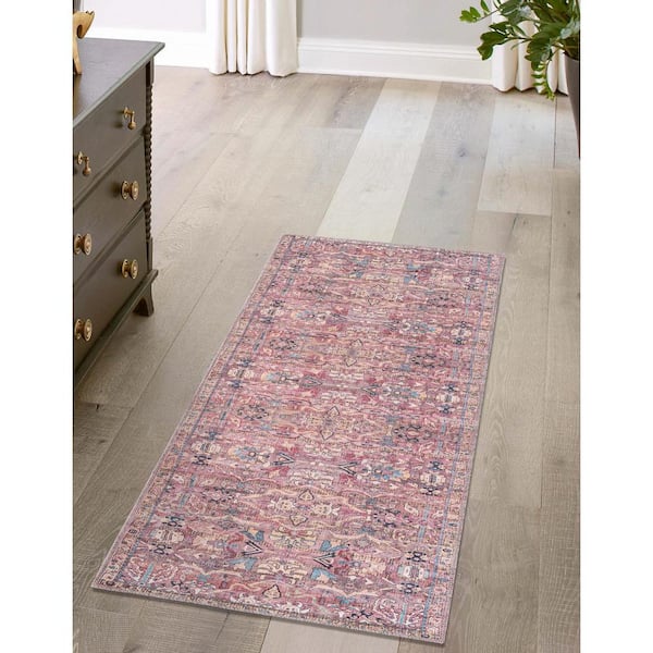 Nostalgia Katie Pink 2 ft. 7 in. x 14 ft. Runner Machine Washable Area Rug